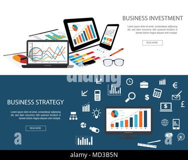 Flache entworfene Fahnen der Investitionen von Unternehmen und Strategie Stock Vektor