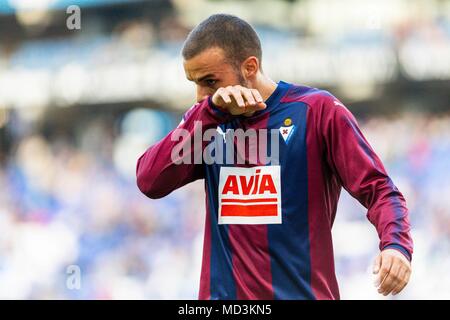 Spanien - 18. April: SD Eibar Mittelfeldspieler Pedro Leon (21) Während des Spiels zwischen RCD Espanyol v Eibar für die Runde 33 der Liga Santander, an Cornella-El Prat Stadion am 18. April 2018 in Barcelona, Spanien gespielt. (Credit: Mikel Trigueros/Urbanandsport/Cordon Cordon Drücken Drücken) Stockfoto