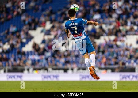 Spanien - 18. April: RCD Espanyol, Gerard Moreno (7) während des Spiels zwischen RCD Espanyol v Eibar für die Runde 33 der Liga Santander, an Cornella-El Prat Stadion am 18. April 2018 in Barcelona, Spanien gespielt. (Credit: Mikel Trigueros/Urbanandsport/Cordon Cordon Drücken Drücken) Stockfoto