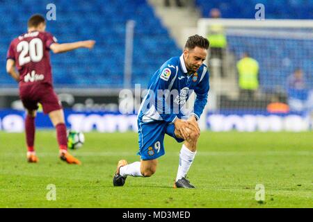 Spanien - 18. April: RCD Espanyol, Sergio Garcia (9) während des Spiels zwischen RCD Espanyol v Eibar für die Runde 33 der Liga Santander, an Cornella-El Prat Stadion am 18. April 2018 in Barcelona, Spanien gespielt. (Credit: Mikel Trigueros/Urbanandsport/Cordon Cordon Drücken Drücken) Stockfoto