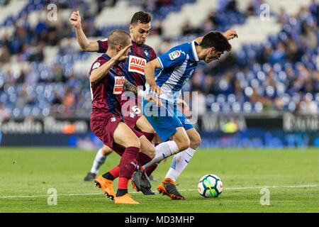 Spanien - 18. April: RCD Espanyol, Gerard Moreno (7) während des Spiels zwischen RCD Espanyol v Eibar für die Runde 33 der Liga Santander, an Cornella-El Prat Stadion am 18. April 2018 in Barcelona, Spanien gespielt. (Credit: Mikel Trigueros/Urbanandsport/Cordon Cordon Drücken Drücken) Stockfoto