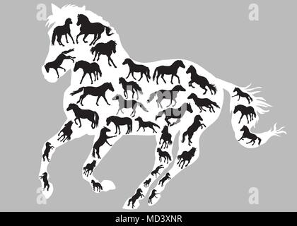 Satz von verschiedenen isolierten Pferde Silhouetten (stehend, Trab und Galopp) in der Farbe Schwarz im grossen Galopp Silhouette von Pferd in Weiß colo Stock Vektor
