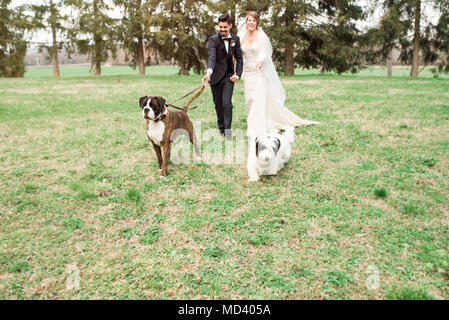 Portrait von Braut und Bräutigam mit ihren Hunden Stockfoto