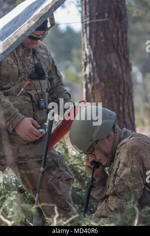 Grafenwöhr, Deutschland - Pfc. Peyton Dunseth, combat Medic, 173Rd Infantry Brigade Combat Team (Airborne), sendet eine medizinische Evakuierung Anfrage während der US-Armee Europa Frühling Experte Bereich Medizinische 2018 Abzeichen Veranstaltung März 19, 2018. Stockfoto