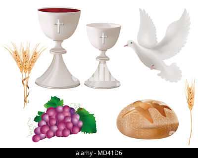 Isolierte christliche Symbole: Weißer Kelch mit Wein, Taube, Trauben, Brot, Weizenohr. Christliche Zeichen. Letzte Abendmahlssymbole.3D-realistische Abbildung Stockfoto