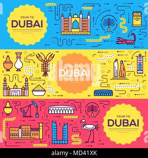 Dubai vektor Broschüre Karten dünne Linie eingestellt. Land reisen, Vorlage von flyear, Zeitschriften, Plakate, Cover, Banner. Layout Kultur denkmal Umrisse Illustrationen moderne Seiten Stock Vektor