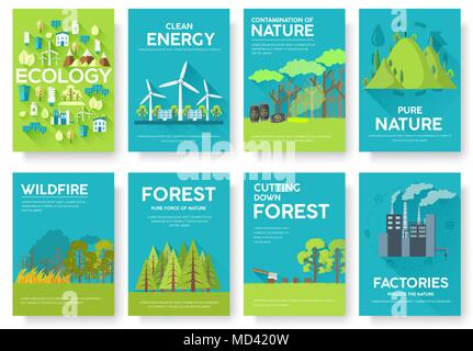 Ökologie Informationen Karten eingestellt. Ökologische Vorlage von flyear, Zeitschriften, Plakate, Cover, Banner. Eco Infografik Konzept Hintergrund. Layout Illustrationen moderne Seiten mit Typografie Stock Vektor