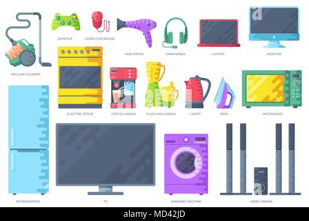 Home Elektronik geräte Infografiken Vorlage Konzept. Symbole Design für Ihr Produkt oder Ihre Design-, Web- und mobile Anwendungen. Vektor Wohnung mit langen Schatten Abbildung auf blauem Hintergrund Stock Vektor