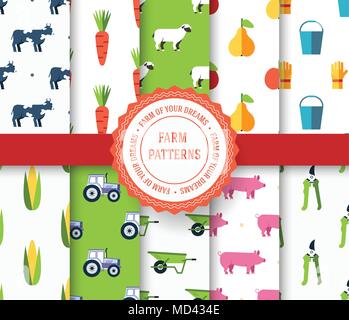 Sammlung von landwirtschaftlichen nahtlose Muster. Bauernhof, Instrument, Früchte, Traktor, Tiere, Werkzeuge mit Label logo Konzept. Vektor abstrakte Vorlage für die Grußkarte oder Einladung design Illustration Stock Vektor