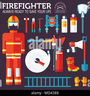 Feuerwehrmann einheitliche und Erste Hilfe Ausrüstung und Instrumente. Auf Flat Style Hintergrund Konzept. Vector Illustration für bunte Template für Sie Design-, Web- und mobile Anwendungen Stock Vektor