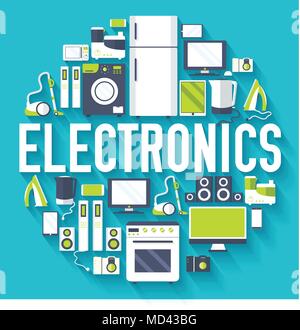 Home Elektronik geräte Kreis Infografiken Vorlage Konzept. Symbole Design für Ihr Produkt oder Ihre Design-, Web- und mobile Anwendungen. Vektor Wohnung mit langen Schatten Abbildung auf blauem Hintergrund Stock Vektor
