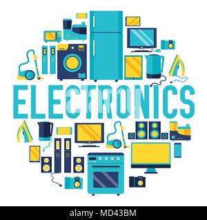 Home Elektronik geräte Kreis Infografiken Vorlage Konzept. Symbole für Ihr Produkt oder Ihre Design-, Web- und mobile Anwendungen. Vektor Wohnung mit langen Schatten Abbildung auf weißem Hintergrund Stock Vektor
