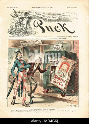 Whitelaw Reid, Uncle Sam zu einem magnetischen sicher, satirische Puck Cartoon von 1888 verkaufen Stockfoto