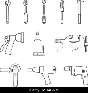 Power Tools und Handwerkzeug für Reparatur und Fertigung. Vektor, dünne Linie Stock Vektor