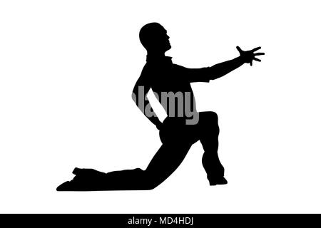 Männliche Tänzer tanzen Pose auf seinem Knie schwarze Silhouette Stockfoto