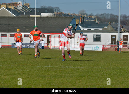 Derry v Armagh GAA Hurling Allianz Nationale Hurling Liga, Celtic Park, Derry. Stockfoto