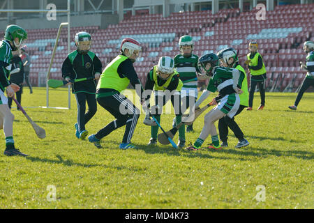 Grundschule Kinder spielen GAA hurling im Celtic Park, Derry. Stockfoto