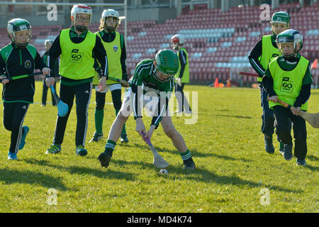 Grundschule Kinder spielen GAA hurling im Celtic Park, Derry. Stockfoto