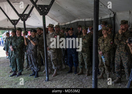 Mexikanische Infanteria De Marinas auf einem Display für Führungskräfte aus mehreren Partnerstaaten, wie sie die Hacienda de San Luis Carpizo für eine Demonstration von Aktivitäten und Veranstaltungen, die im Centro de Capacitacion y Adiestramiento Especializado de Infanteria de Marina in Campeche, Mexiko am 15. März 2018 durchgeführt werden. Die Konferenz bietet ein Forum für regionale und Senior Naval Infantry Führer in der gesamten westlichen Hemisphäre gemeinsames Interesse in der humanitären Hilfe und Katastrophenhilfe Angelegenheiten zu diskutieren und Ausbildungsprogramme zwischen den Partnerstaaten zu verbessern. (U.S. Marine Corps Foto von Stockfoto