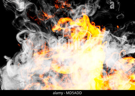 Feuer flammen Hintergrund. Cloud der feurigen Rauch auf einem schwarzen Hintergrund isoliert. Hintergrund aus dem Rauch von vape Stockfoto