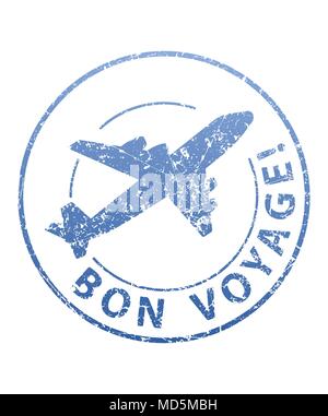 Bon Voyage blue grunge Gummi Stempel mit dem Flugzeug. Stock Vektor