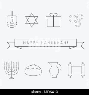Chanukka Ferienwohnung design Schwarz dünne Linie Symbole mit Text in Englisch 'Happy Hanukkah' gesetzt. Vector EPS 10 Abbildung. Stock Vektor