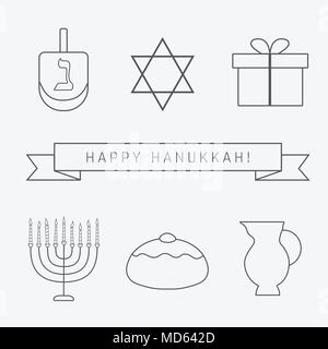 Chanukka Ferienwohnung design Schwarz dünne Linie Symbole mit Text in Englisch 'Happy Hanukkah' gesetzt. Vector EPS 10 Abbildung. Stock Vektor