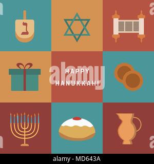 Chanukka Ferienwohnung design Symbole mit Text in Englisch 'Happy Hanukkah' gesetzt. Vector EPS 10 Abbildung. Stock Vektor