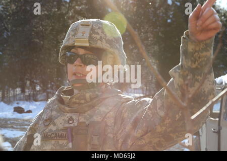 Staff Sgt. Veronica McCammon, ein multi-Klasse- Fachmann mit der 364 Expeditionary Sustainment Command, gibt Instruktionen während des Setups von Springen Tactical Operations Center Coyote in Fort Knox, Ky., 22. März 2018, während der Kombinierten Situationstraining Übung - Brücke. Der Sprung TOC-Fähigkeit der 364 ESC demonstriert sustainment Operationen von einem mobilen Umgebung durchführen. Stockfoto