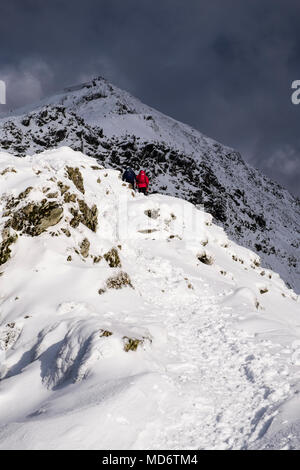 Wanderer Wandern bergauf auf der South Ridge auf Menai Bridge zum Gipfel des Mount Snowdon mit Schnee im Winter in Snowdonia National Park. Gwynedd Wales UK Großbritannien Stockfoto