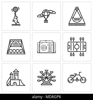 Satz von 9 einfache editierbare Ikonen wie Fahrrad, Riesenrad, Spielplatz, Fußball, Radio, Bühne, Karussell, Heißluftballon, Elefant Stock Vektor