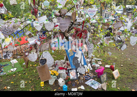 Ein Baum geschmückt mit Nachrichten an einem improvisierten Gedenkstätte oder Schrein Star George Michael gegenüber dem Ende der Sänger in Highgate zu Pop, nördlich von London Stockfoto