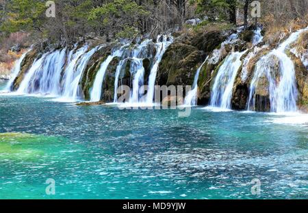 Schönen Wasserfall und azurblauen See mit glasklarem Wasser unter fallen Holz in Jiuzhaigou Nature Reserve (Jiuzhai Valley National Park) von Sichuan pr Stockfoto