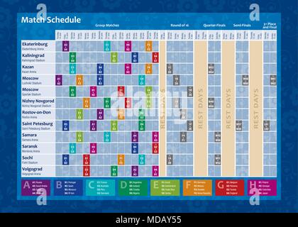 Russland 2018 WM-Kalender. Komplette chronogramm mit Datum jedes Fußballspiel und den Namen der Stadt und des Stadions. Vector Illustration Stock Vektor