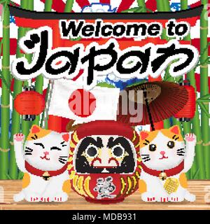 Eine willkommene mit Puppe Katze und Daruma Puppe nach Japan Stock Vektor