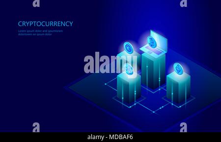 Isometrische internet cryptocurrency Münze Geschäftskonzept. Blau leuchtende isometrische Bitcoin Astraleums Welligkeit GCC Münze Finanzen Bergbau pc smartphone Technik der Zukunft. 3D-infografik Vector Illustration Stock Vektor