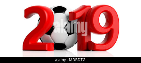 Fußball, Fußball und 2019. Rot Neu Jahr 2019 mit Fußball auf weißem Hintergrund. 3D-Darstellung Stockfoto
