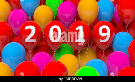 Neues Jahr 2019 auf rote Luftballons, bunte Luftballons Hintergrund. 3D-Darstellung Stockfoto