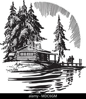 Schöne Hütte an einem See - Retro Clipart Illustration Stock Vektor