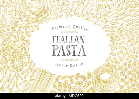 Vektor banner Vorlage mit verschiedenen Arten von traditionellen italienischen Pasta. Hand gezeichnet Hintergrund. Für Menü oder das Design der Verpackung. Italienische Küche Abbildung. Stock Vektor