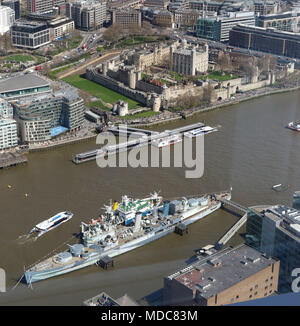 April 17, 2018 - London Tower Luftaufnahme mit Themse und HMS Belfast Stockfoto