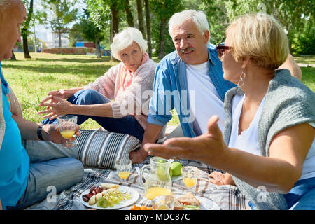 Senioren genießen Sie ein Picknick im sonnigen Park Stockfoto