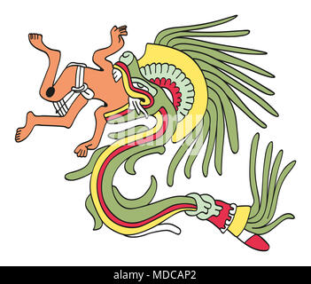 Quetzalcoatl in gefiederte Schlange bilden, essen ein Mann. Gott des Windes und Weisheit. Gottheit wie in einer aztekischen Manuskript Malerei dargestellt. Stockfoto