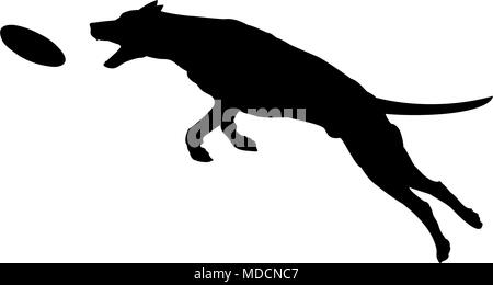 Silhouette von Real aussehenden Hund springen und Abrufen einer Disc Stock Vektor