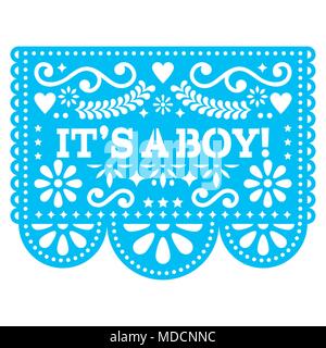 Es ist ein Junge Papel Picado vektor design - mexikanischer Volkskunst Baby Geburt Grußkarte oder babyduscheeinladung. Baby Ankunft Dekoration in Blau Stock Vektor