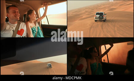 Desert Safari SUVs bashing durch die arabischen Sanddünen. Das Mädchen und der Kerl im Auto 4 Stockfoto