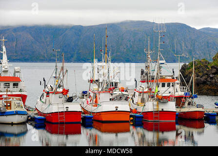 In hellen Farben Weiß, Rot & Blau Fischtrawler in Kamoyfjord Hafen vor Anker, mit Nebel eingehüllte Berge hinter Stockfoto