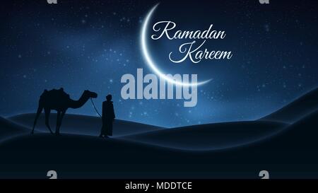 Abdeckung für Ramadan Kareem. Nacht Landschaft. Muslimische Religion heiligen Monat. Arabische steht mit einem Kamel in der Wüste. Der Sternenhimmel. Hellen Mond. Vektor krank Stock Vektor