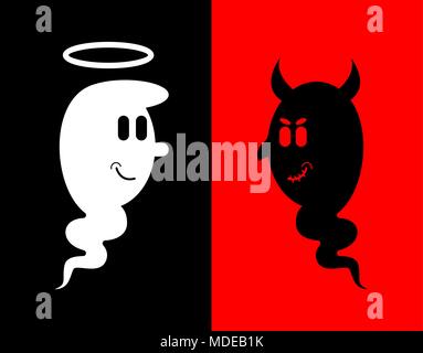Teufel und Engel. Die weißen und schwarzen Geist. Böse Spuk mit Hörnern und Nimbus. Stock Vektor
