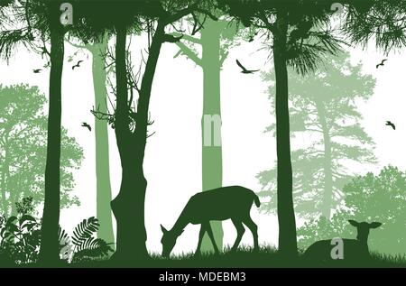 Wald Wildtiere Poster. Rehe Silhouetten auf weißem Hintergrund, Vector Illustration Stock Vektor